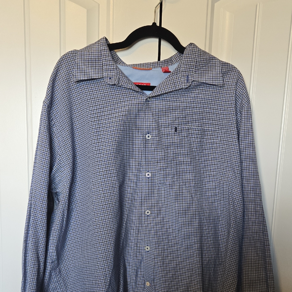 Izod Men's Navy and White Gingham Shirt Long Sleeve XL